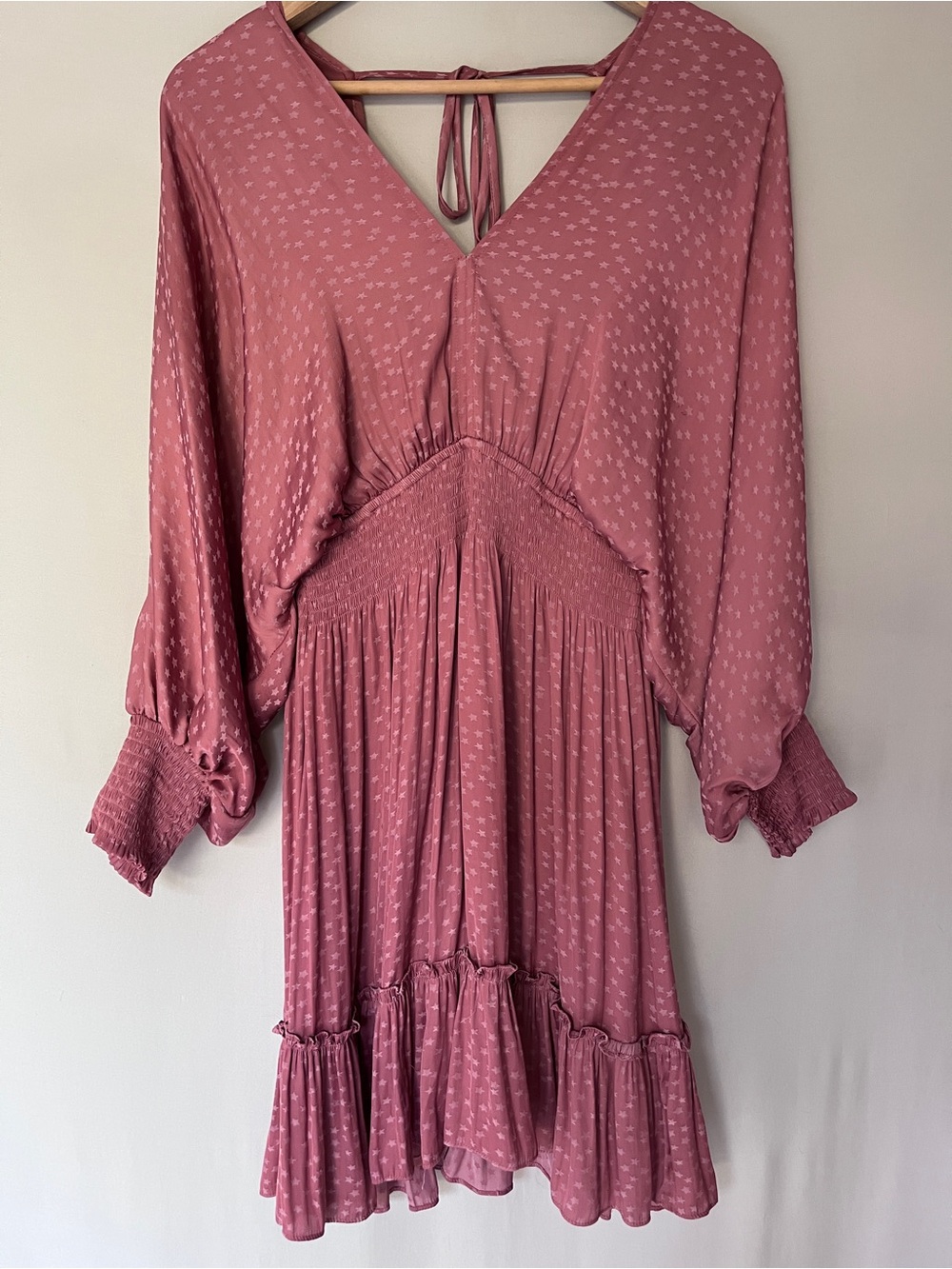 Lovestitch Ruffled Tiered Mini Dress Pink V-Neck Dolman Sleeves Smocked Waist